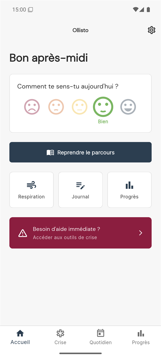 Aperçu de l'écran d'accueil de l'application Ollisto